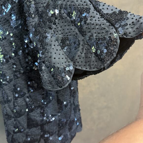 Vintage Hand Embroidered Black Sequin Beaded Top Blouse Scallop Hem Size 42 - Picture 4 of 10